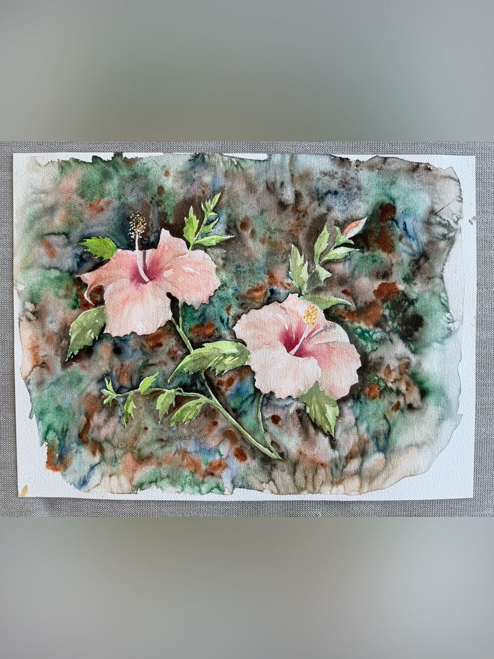 Dolores Witt, Signed Pink Hibiscus Watercolor Painting on Paper, Original Art